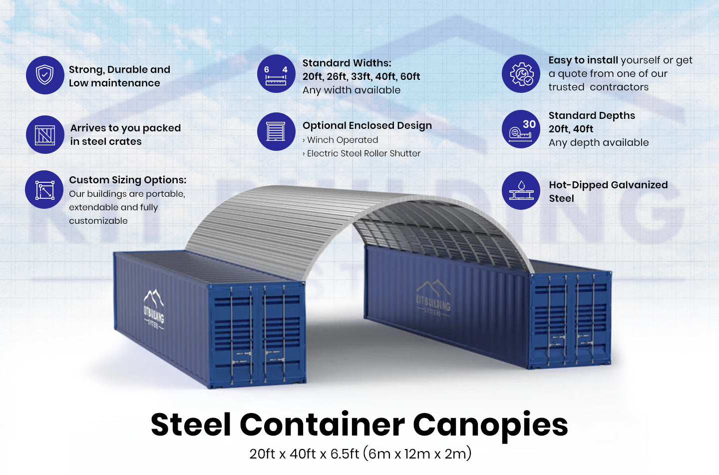 Stalen Container Overkappingen - 20ft x 40ft x 6,5ft (6m x 12m x 2m)