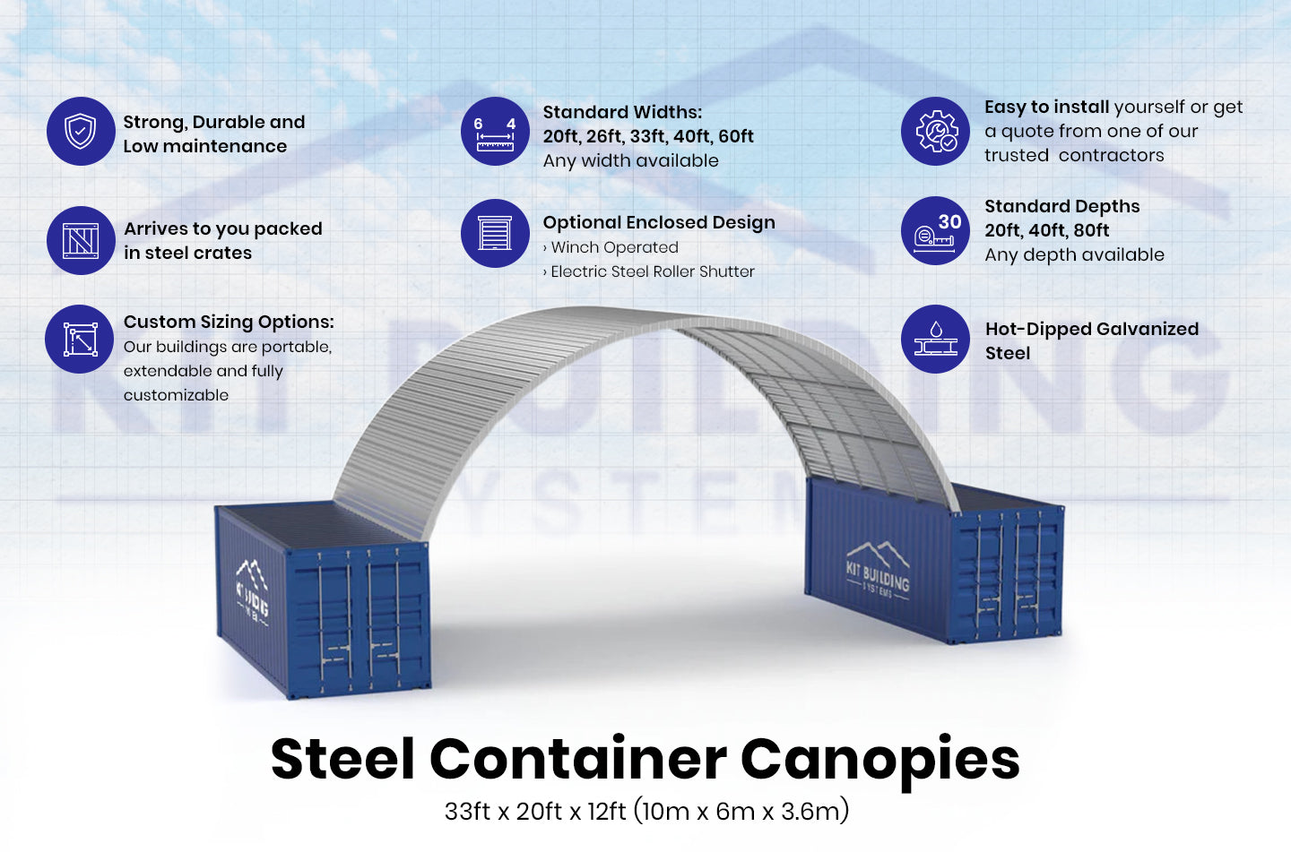 Stalen Container Overkappingen - 33ft x 20ft x 12ft (10m x 6m x 3,6m)
