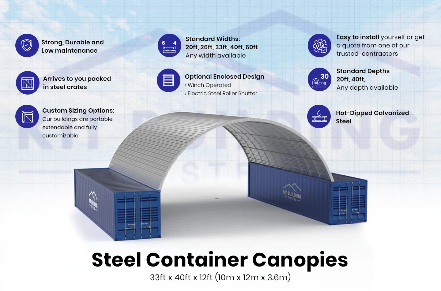 Stalen Containerluifels - 10m x 12m x 3.6m (33ft x 40ft x 12ft)